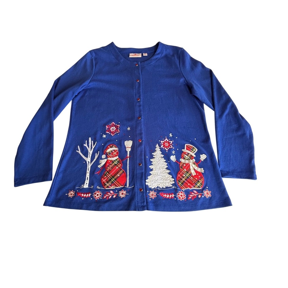 Quacker Factory Blue Snowman Christmas Cardigan Sweater Plaid Embroidery Medium